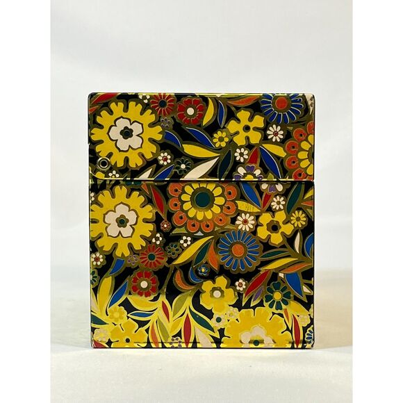 Vintage J Chein Metal Retro Recipe Box Flower Power Floral Black Gold USA MCM - Picture 6 of 10